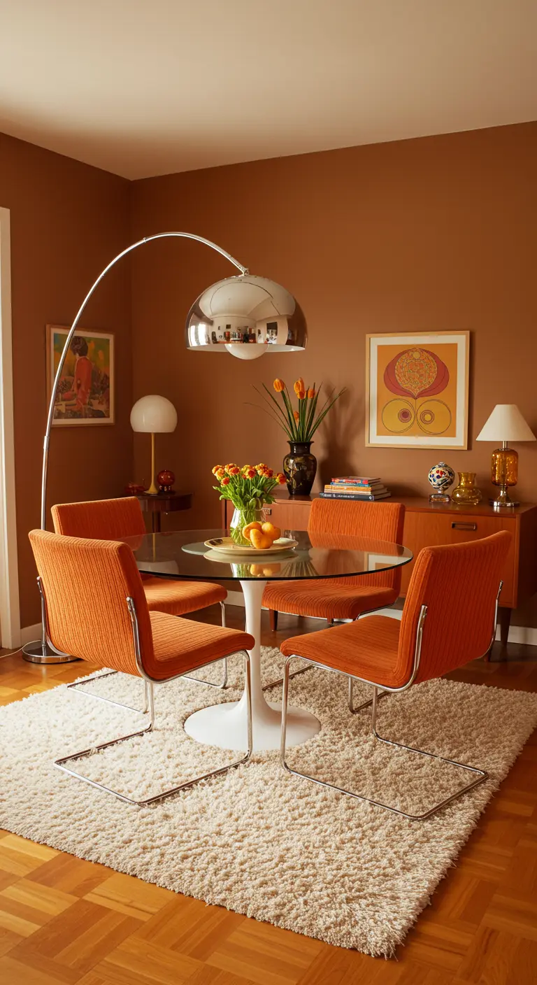 Retro eetkamer met karamelbruine muren, oranje stoelen, een glazen tafel en een grote booglamp.