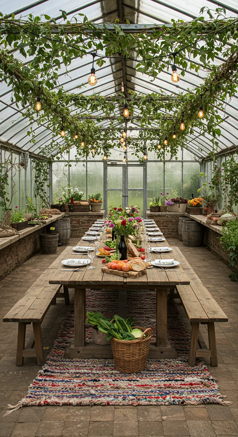 Lange eettafel in een kas vol planten, met een kleurrijk kleed op de stenen vloer.