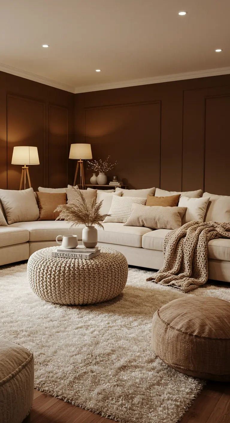 Warme woonkamer met beige bank, gebreide poef, shaggy tapijt, bruine wanden.