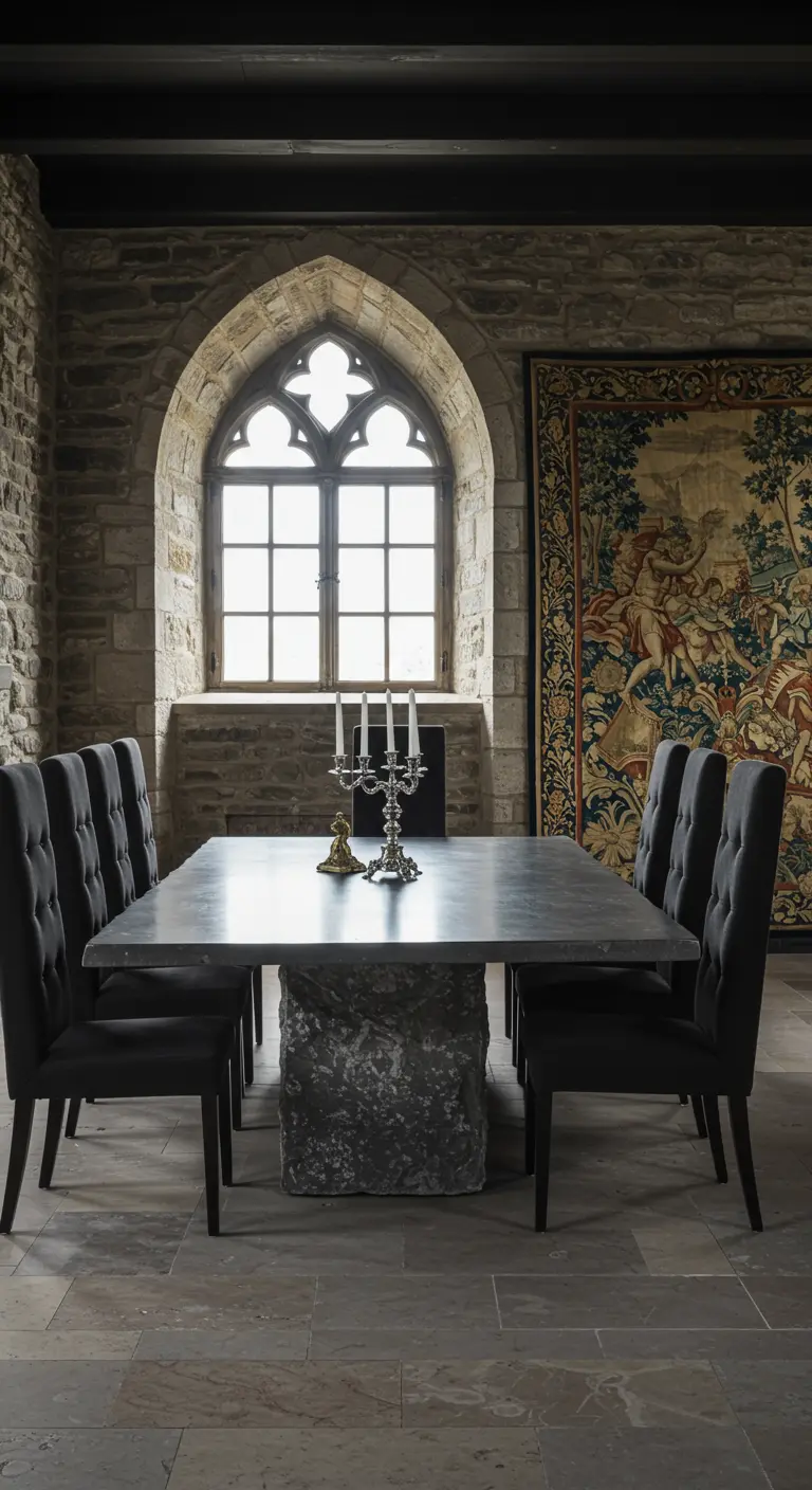Eetkamer in kasteelstijl met stenen muren, wandtapijt en een robuuste stenen tafel.