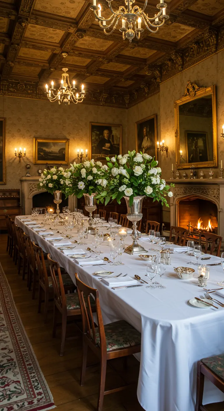 Kasteeldiner met lange witte tafel, zilveren vazen met witte bloemen en open haard.