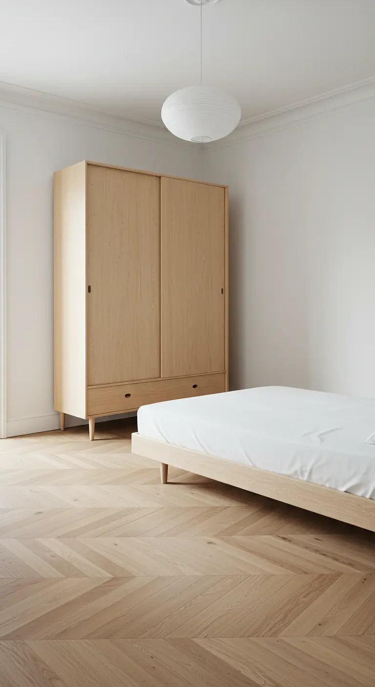 Minimalistische slaapkamer met licht houten kledingkast, houten bed en visgraatvloer.