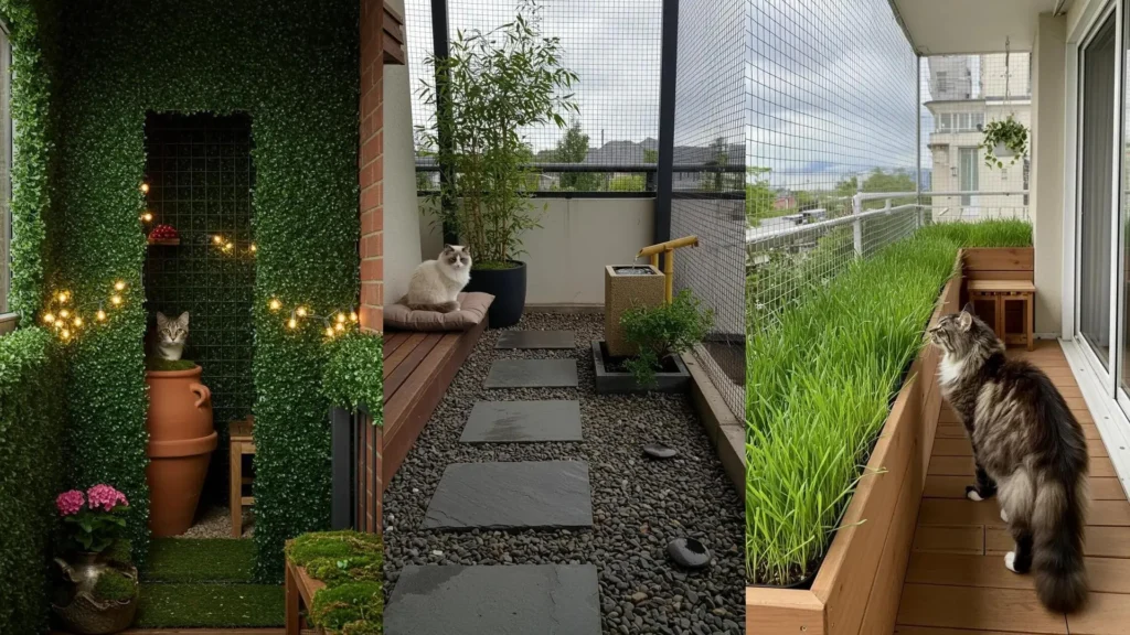 Kat op balkon: Diverse veilige en speelse balkonopstellingen met katten, beschermende netten en planten.