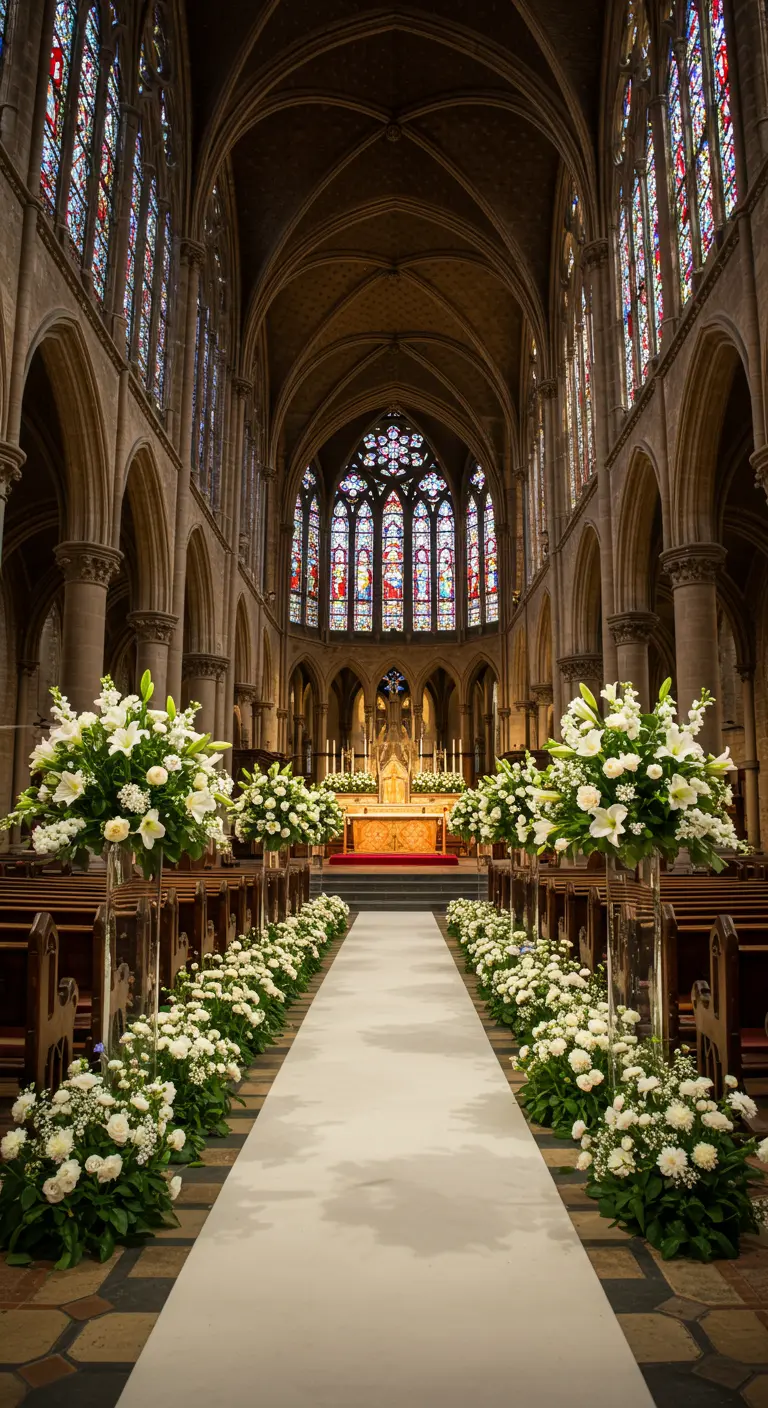Indrukwekkende kerkceremonie met een witte loper en een overvloed aan witte bloemen langs het pad.