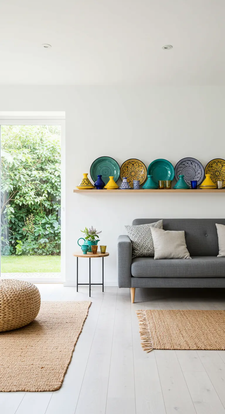 Witte woonkamer met een houten plank vol kleurrijk Marokkaans servies boven een grijze bank.