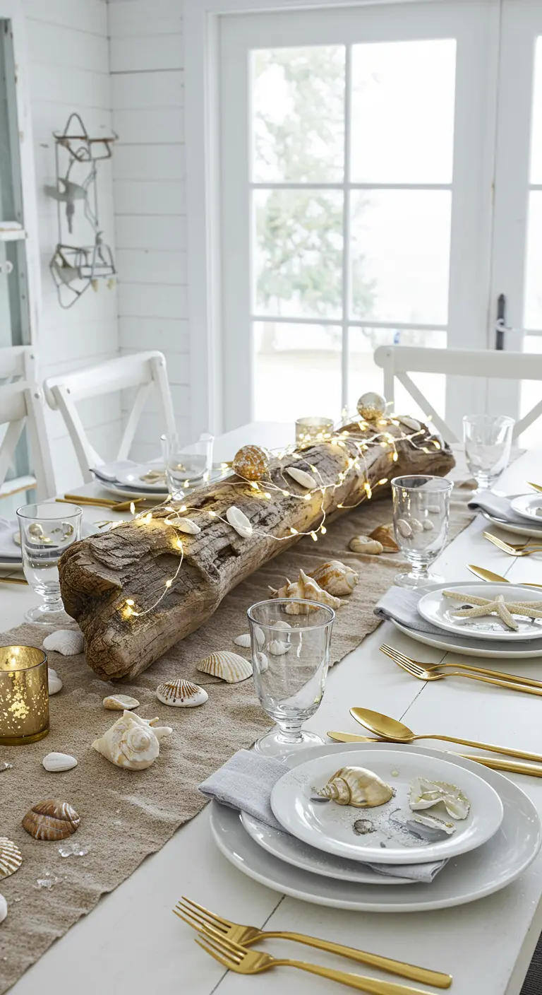 Eettafel met drijfhout en lichtjes als centerpiece, versierd met schelpen en gouden bestek.