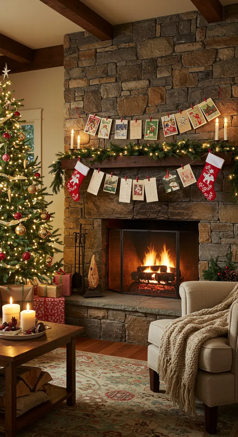 Gezellige woonkamer met open haard en kerstboom, de schouw versierd met slingers van vintage kerstkaarten.