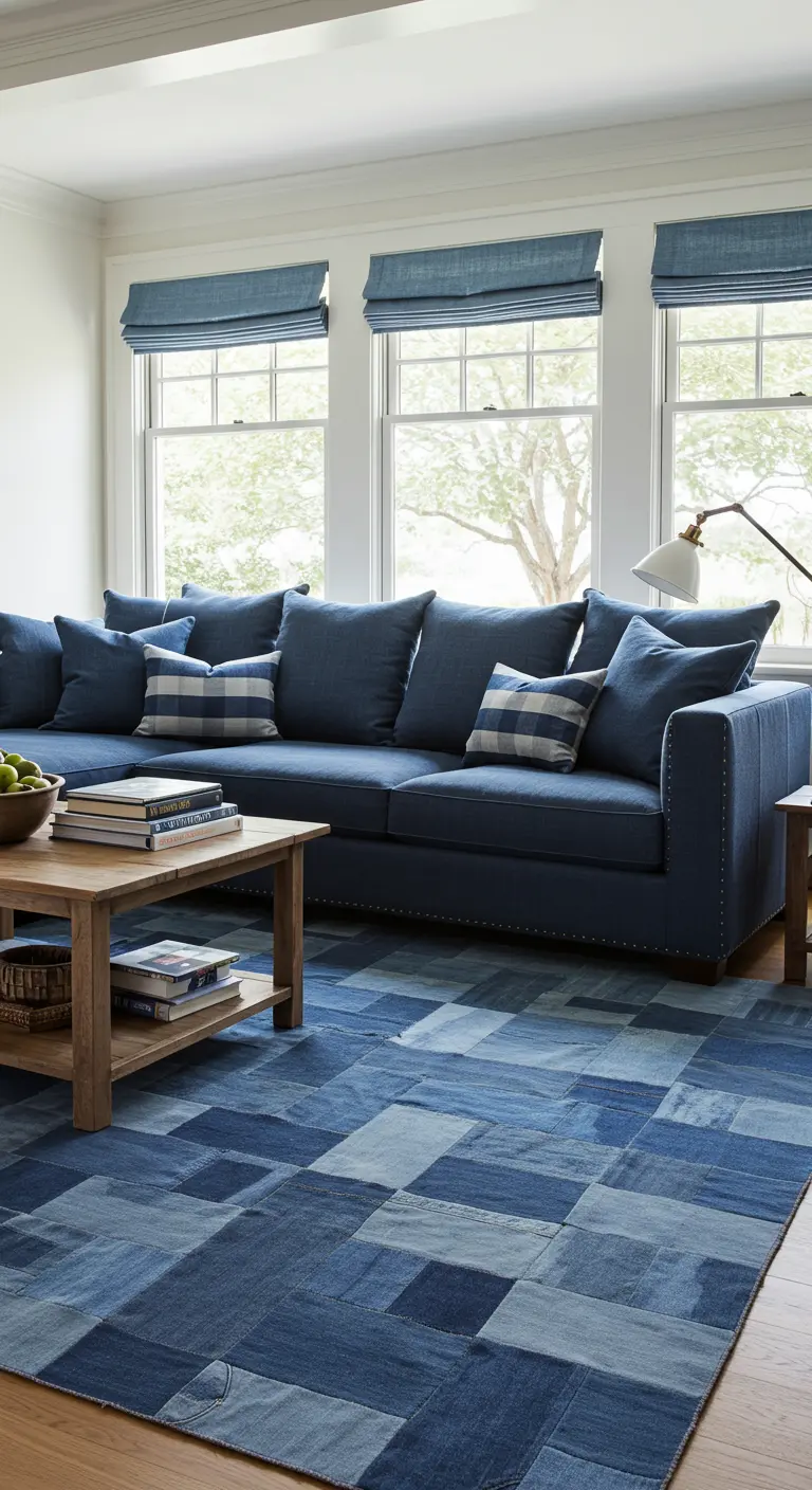 Grote blauwe hoekbank op een vloerkleed van blauw denim patchwork.