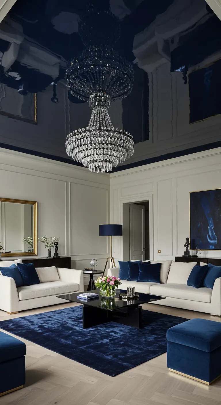 Woonkamer met een hoogglans donkerblauw plafond en een grote kristallen kroonluchter.