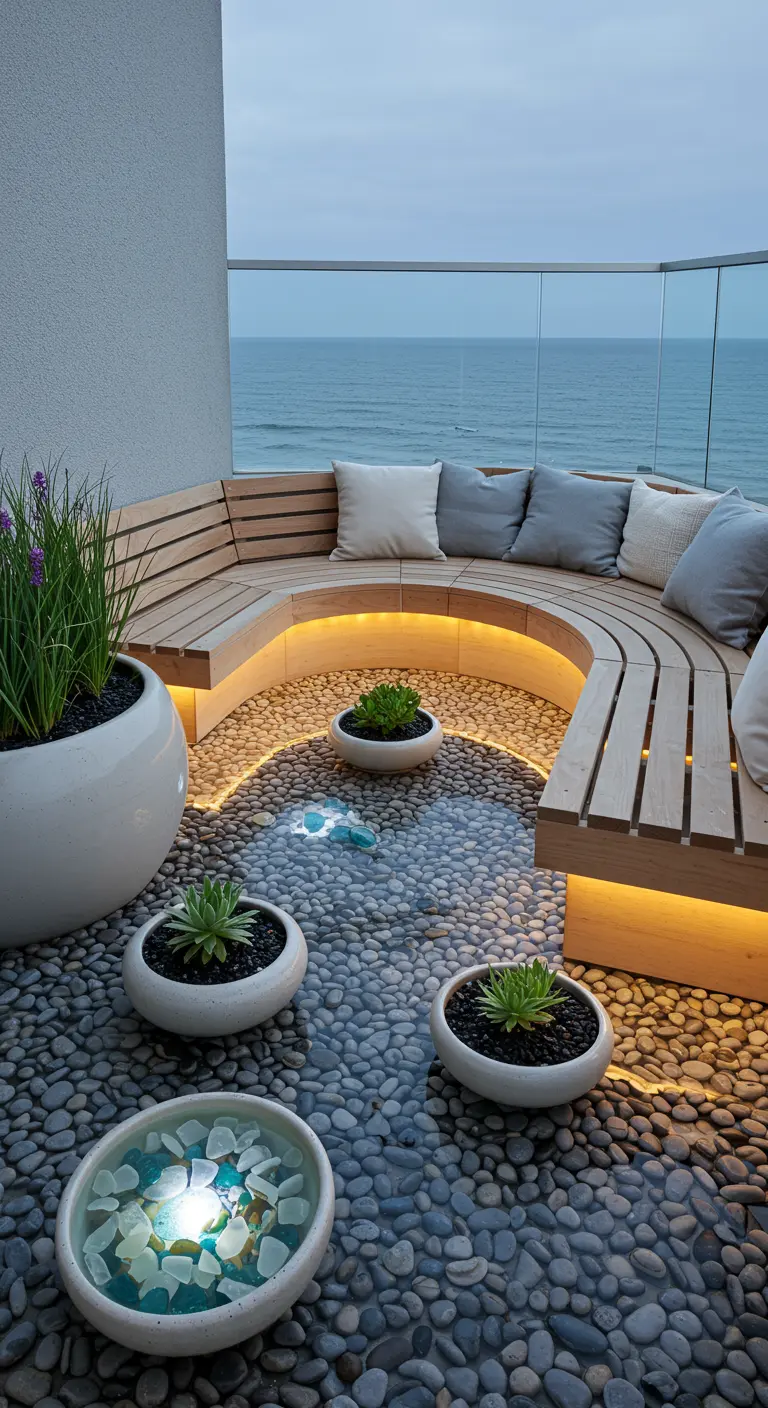 Balkon met kiezelvloer, gebogen houten bank, ingebouwde verlichting en kleine planten.