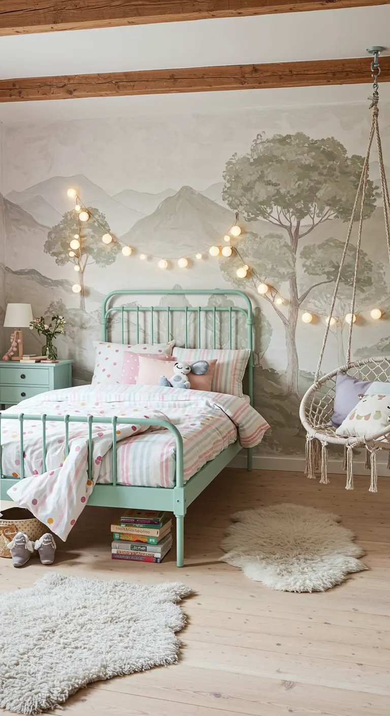 Kinderkamer met een muurschildering van bergen en bomen, een mintgroen bed, en een macramé schommelstoel.