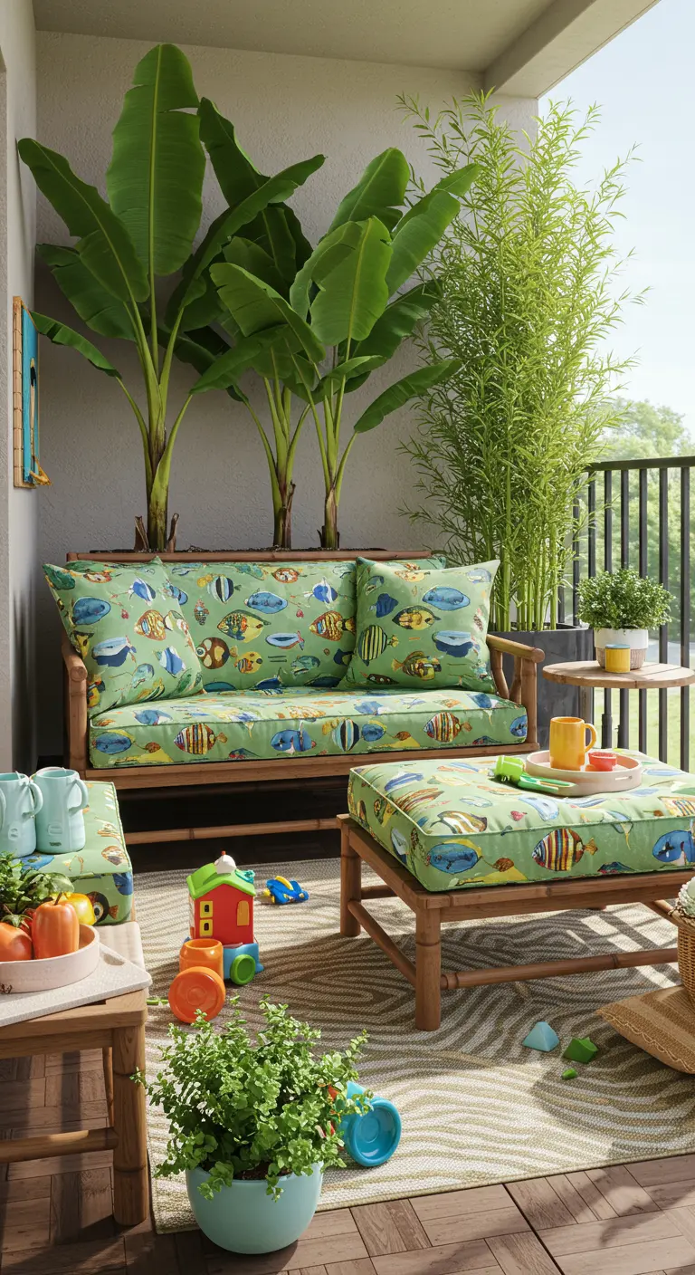 Kindvriendelijk balkon met een bamboe bank met vissenprint-kussens en speelgoed op de grond.