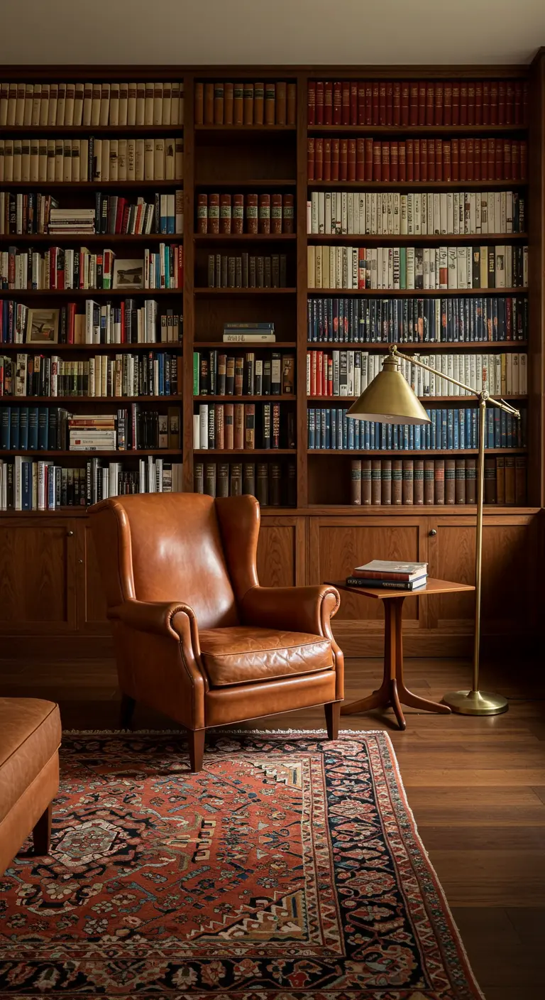 Klassieke leunstoel van leer voor een walnoot boekenkast, met Perzisch vloerkleed en messing lamp.