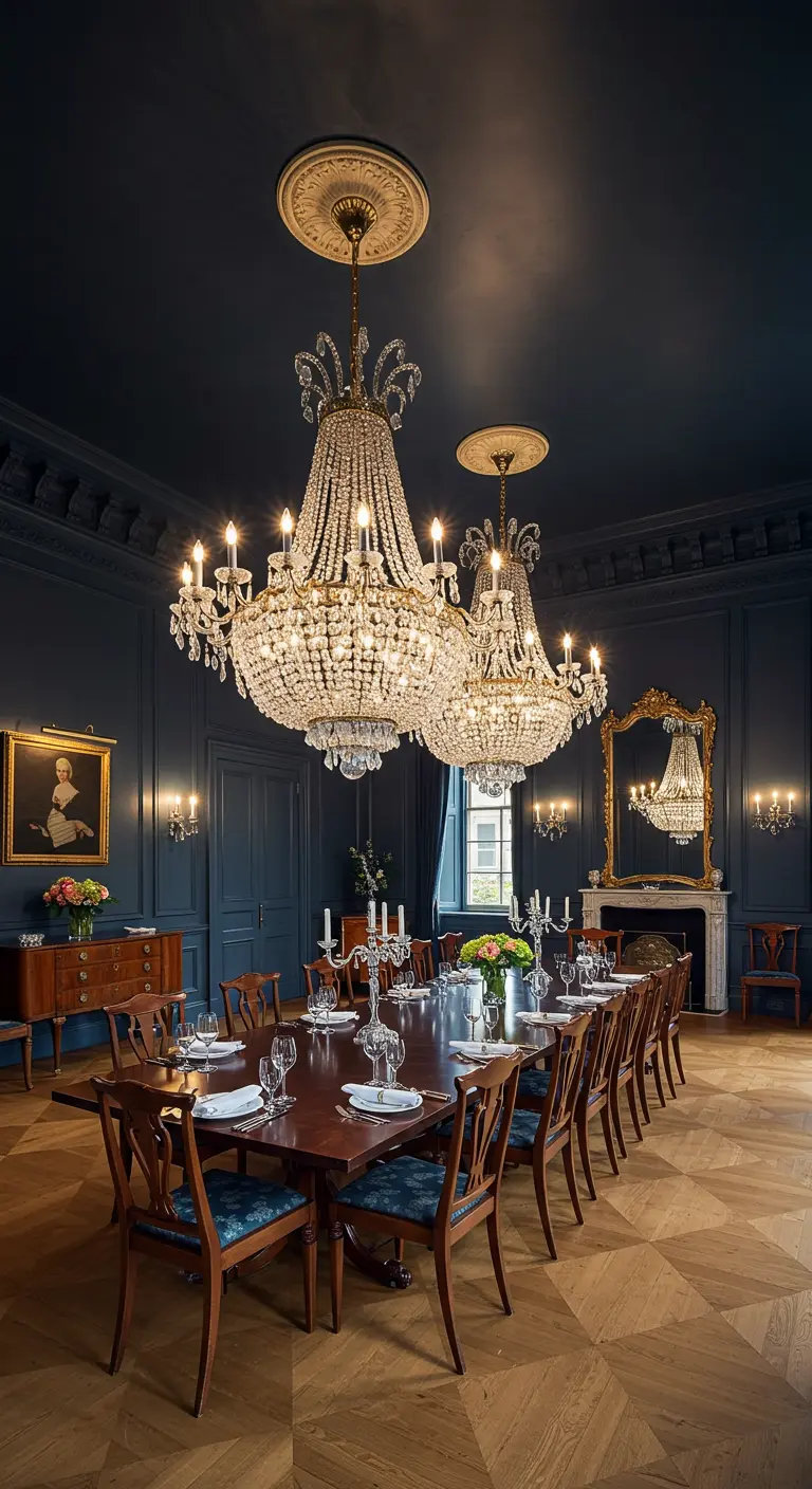 Eetkamer met donkerblauwe muren en twee grote kristallen kroonluchters boven een lange tafel.