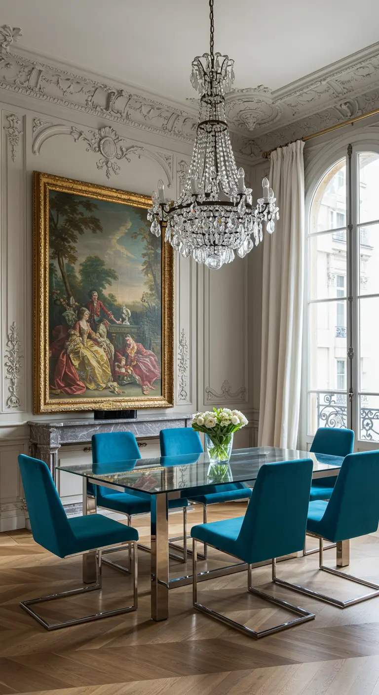 Eetkamer met klassiek schilderij, kroonluchter en moderne, blauwe fluwelen stoelen.