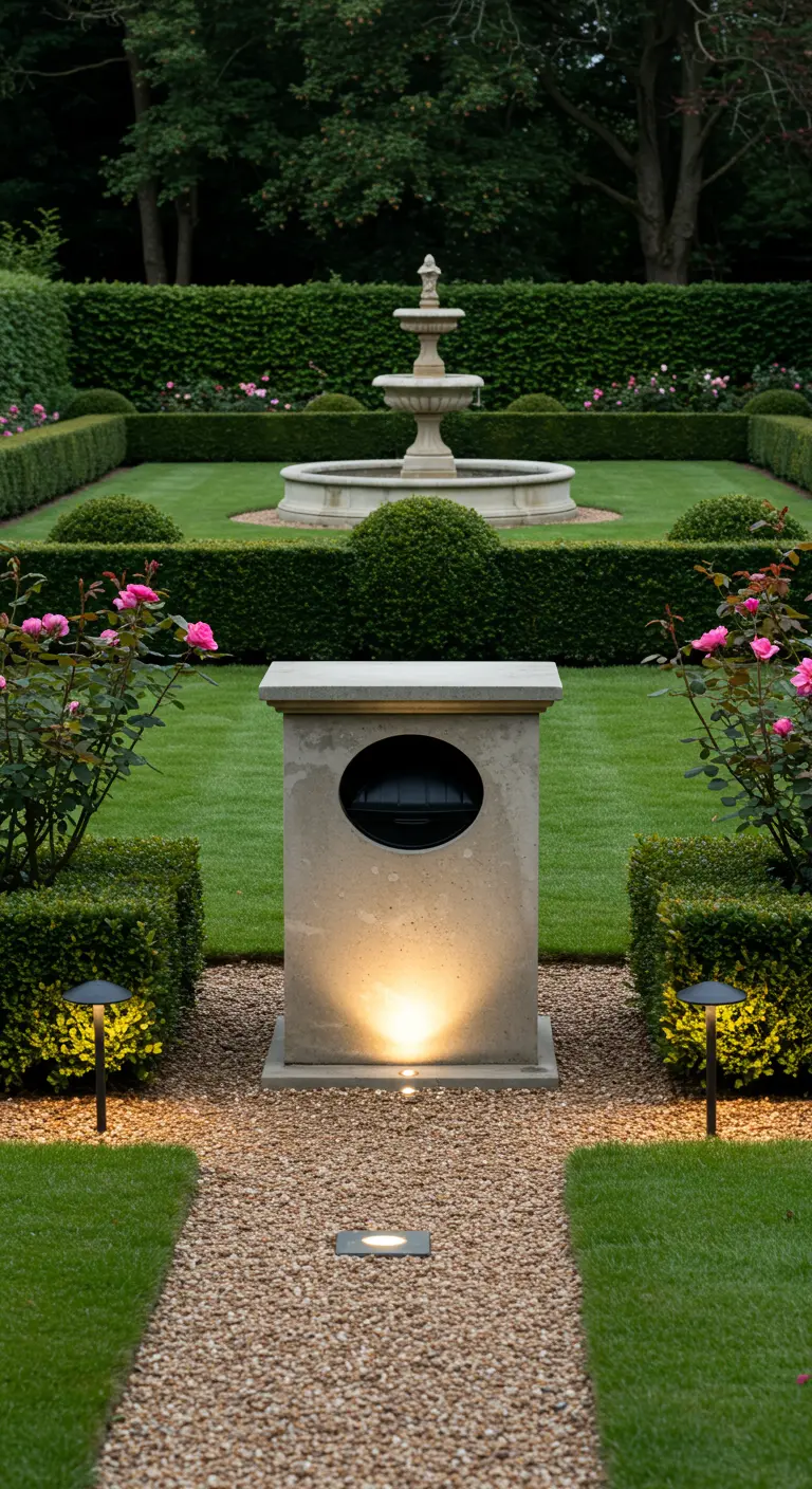 Regenton discreet verborgen in een stenen sokkel in een formele tuin met buxushagen en rozen.