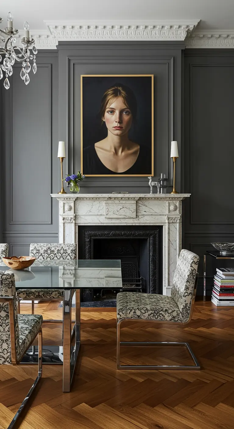 Elegante grijze eetkamer met een groot, modern portret van een vrouw boven de klassieke schouw.
