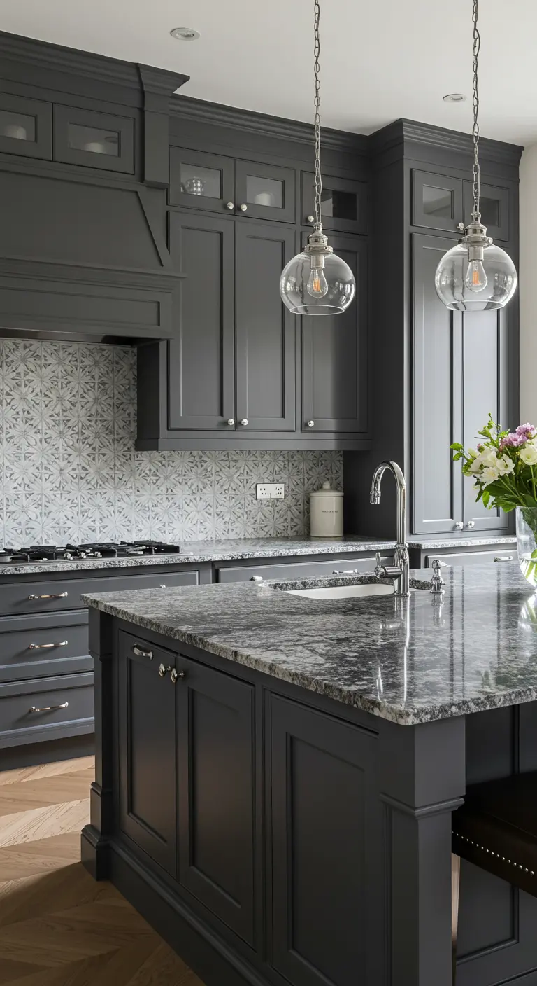 Matte grijze kasten met patroon tegel backsplash en glanzend granieten aanrechtblad.