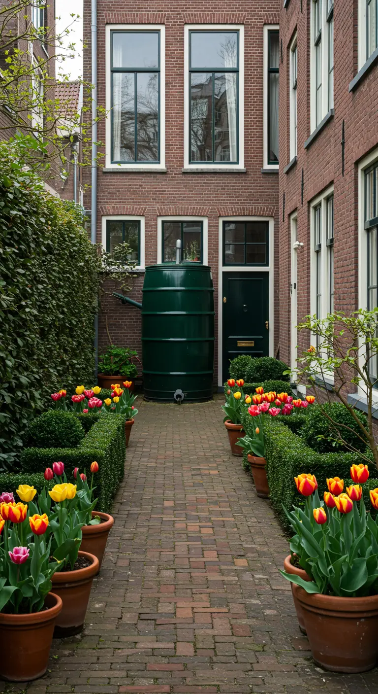Donkergroene regenton in een klassieke stadstuin met tulpen.