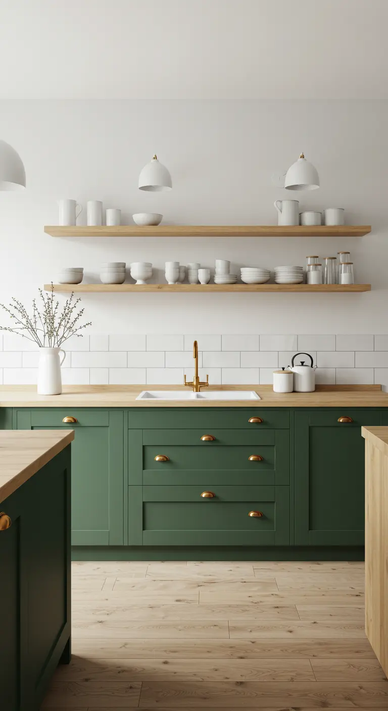 Donkergroene shaker keuken met een licht houten werkblad, open planken en messing handgrepen.