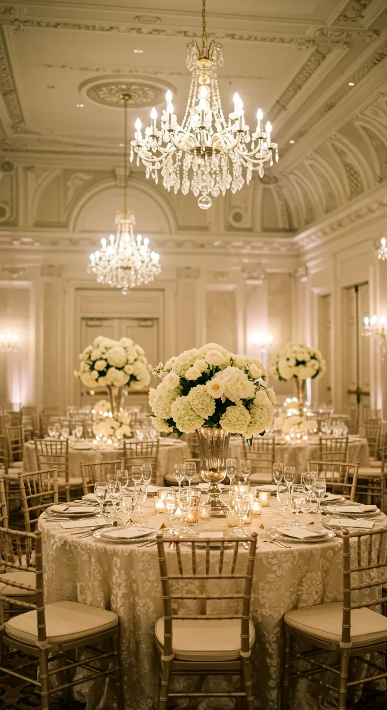 Elegante balzaal met ronde tafels gedekt in ivoorkleur, met grote witte rozenboeketten.