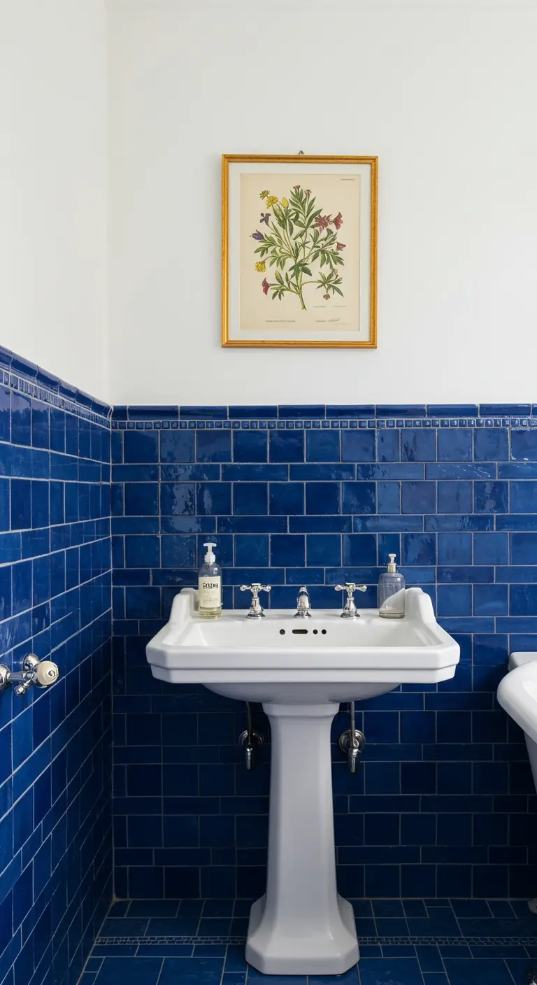 Badkamer met halfhoge wand van kobaltblauwe zelliges en een klassieke wastafel op zuil.