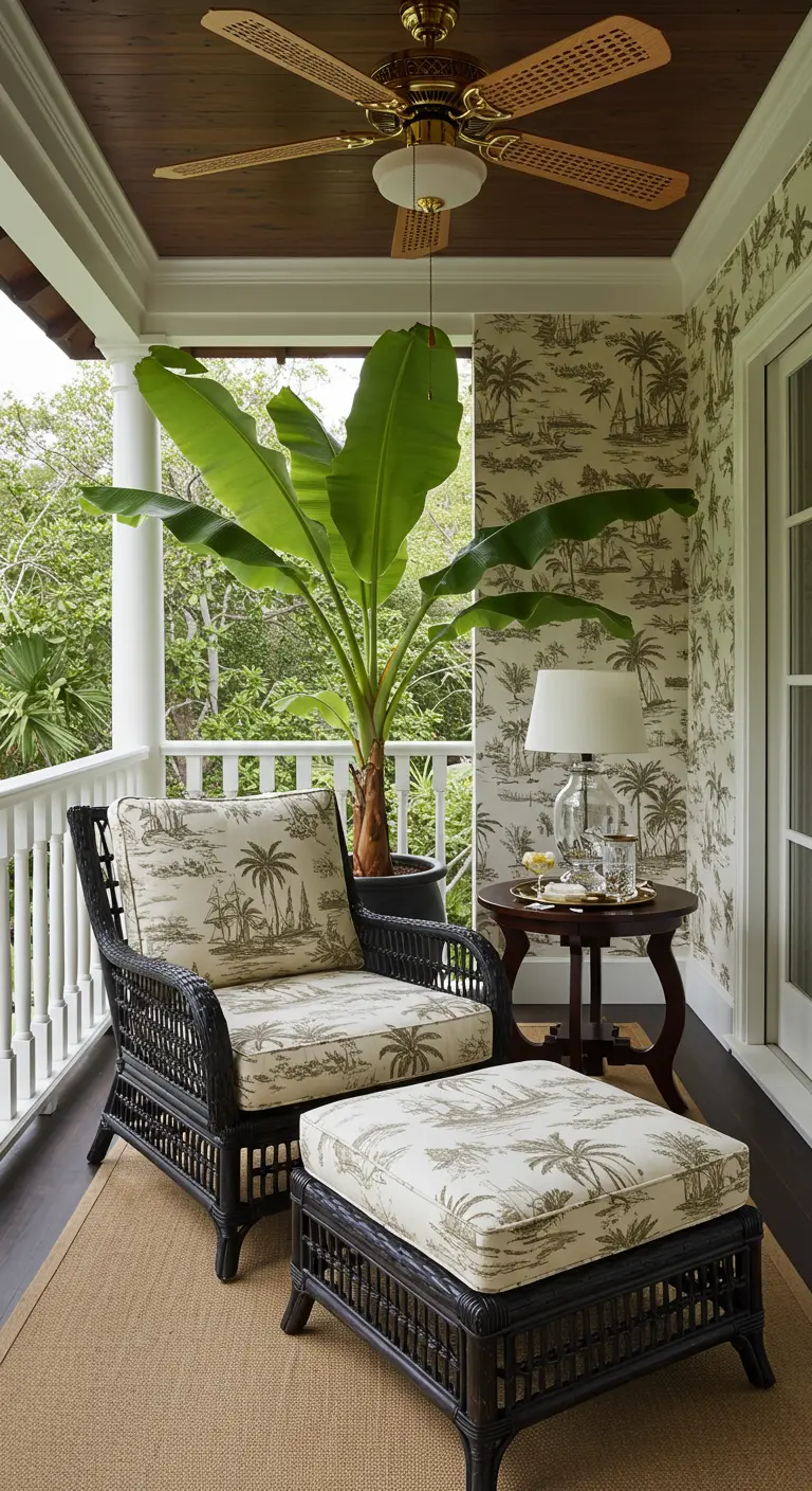 Veranda in koloniale stijl met donkere rieten stoel en behang met palmboomprint.