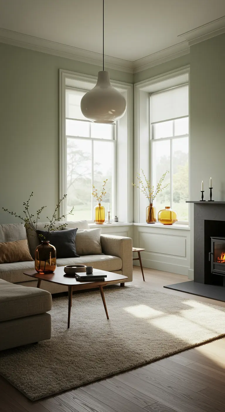 Klassieke lichte woonkamer met saliegroene muren, beige bank en amberkleurige vazen