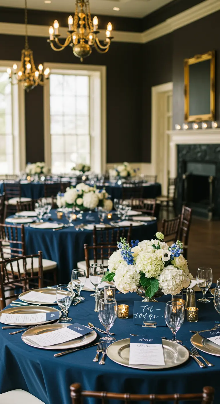 Elegante bruiloftsreceptie met marineblauwe tafelkleden en witte bloemstukken.