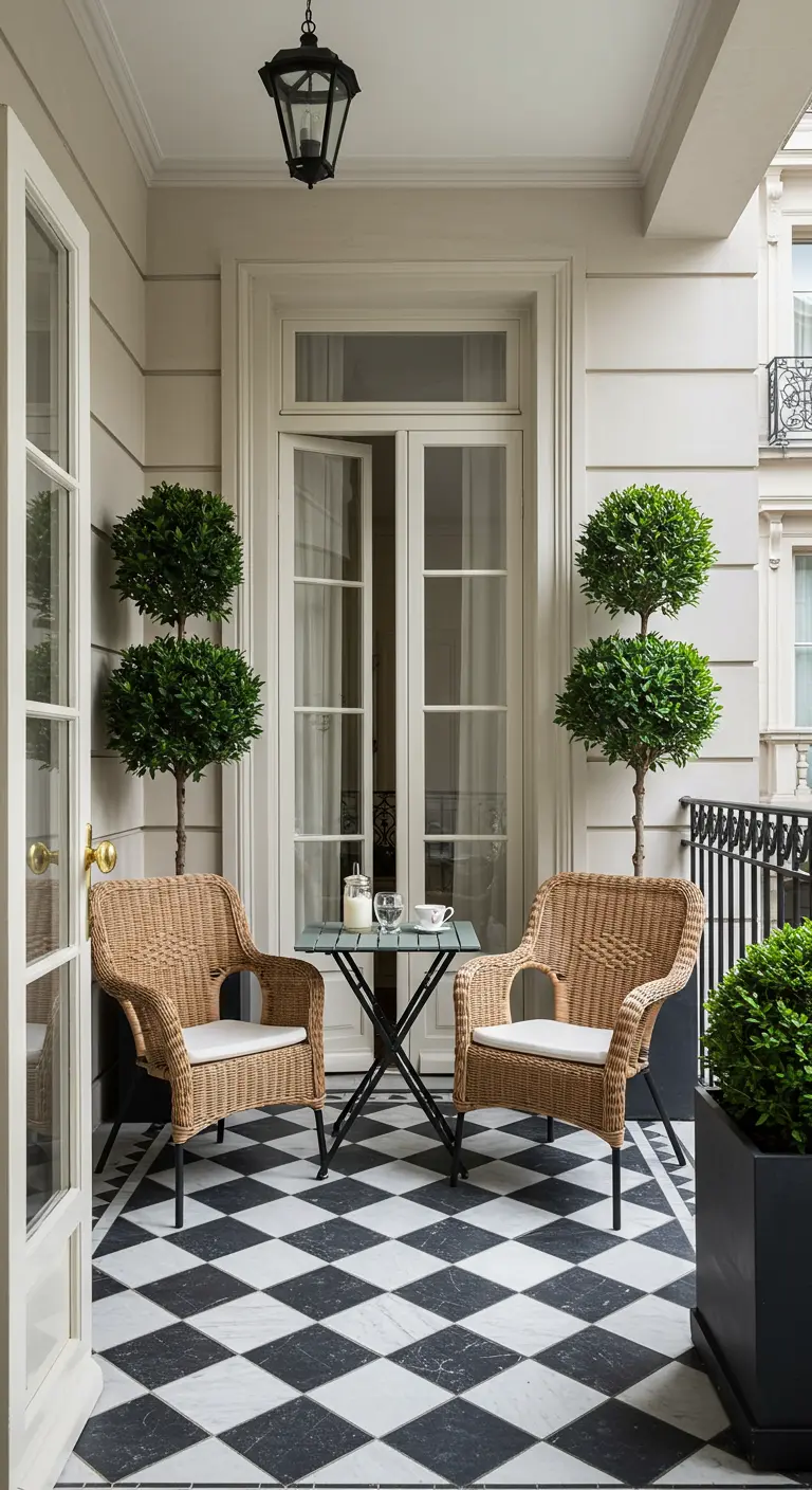 Elegant balkon met een zwart-witte tegelvloer, twee rotan stoelen en symmetrisch geplaatste boompjes.