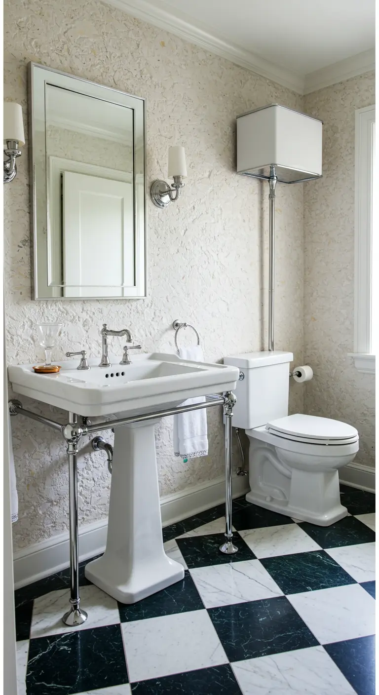 Klassieke badkamer met een groen-witte dambordvloer en sanitair op zuil.