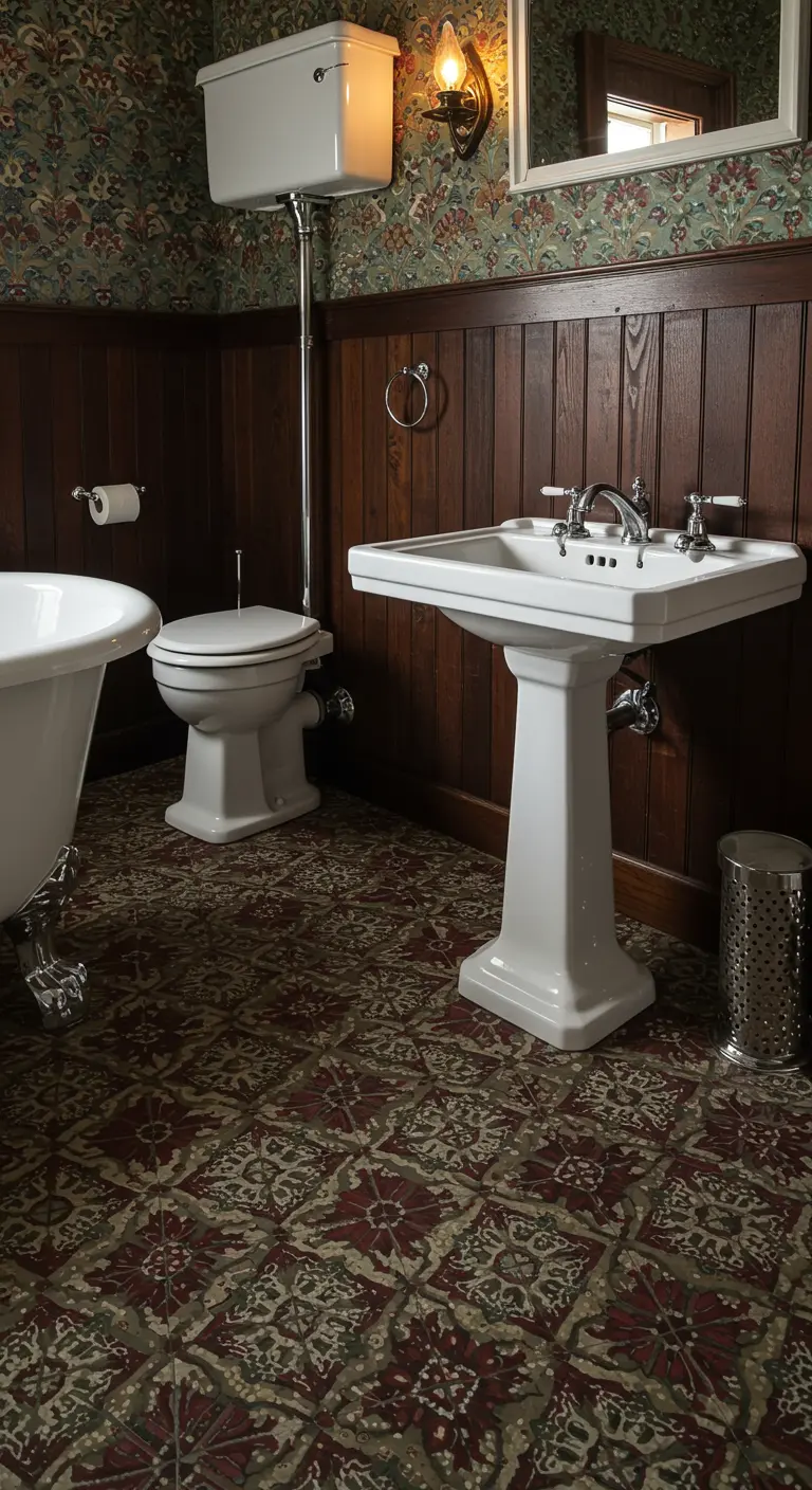 Klassieke badkamer met een rode en groene patroonvloer, donkere houten lambrisering en vintage behang.
