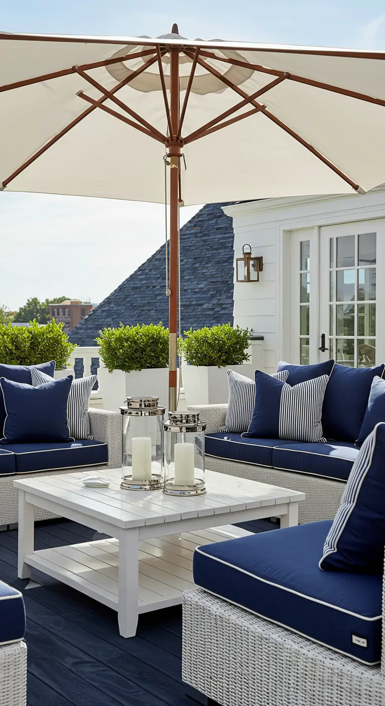 Luxe dakterras met witte loungebanken, marineblauwe kussens en een grote parasol.