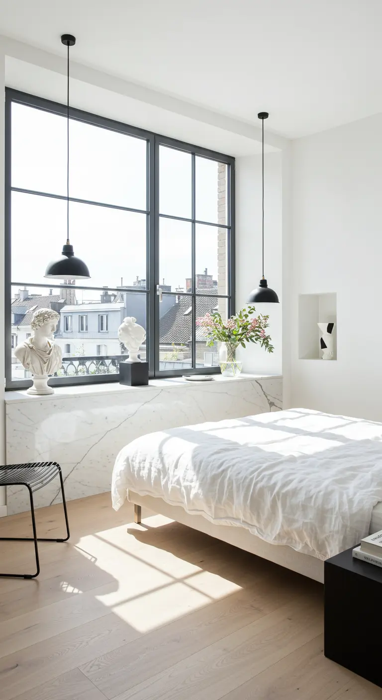 Lichte slaapkamer met zwart stalen raam, marmeren vensterbank, klassieke beelden en zwarte hanglampen.