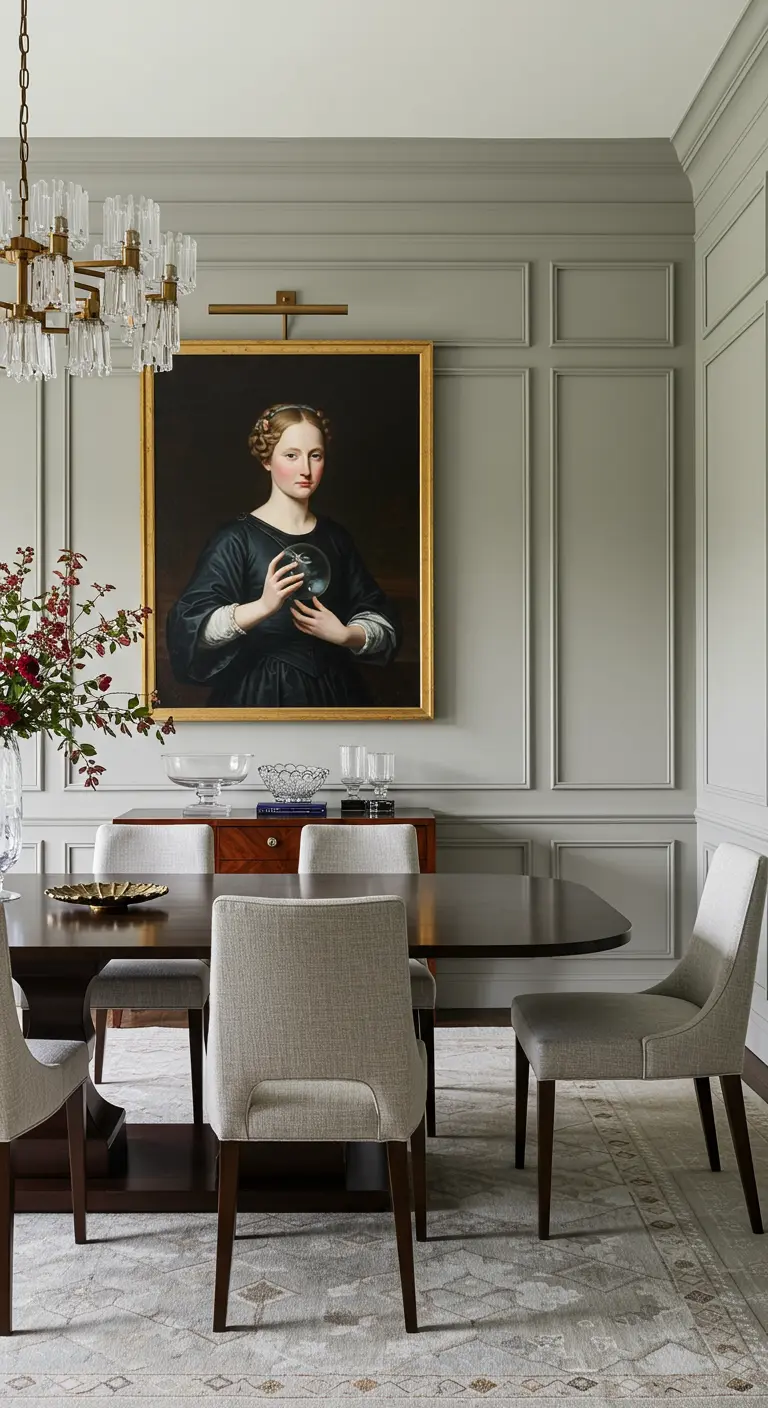 Eetkamer met grijze lambrisering en een groot klassiek portret van een vrouw.