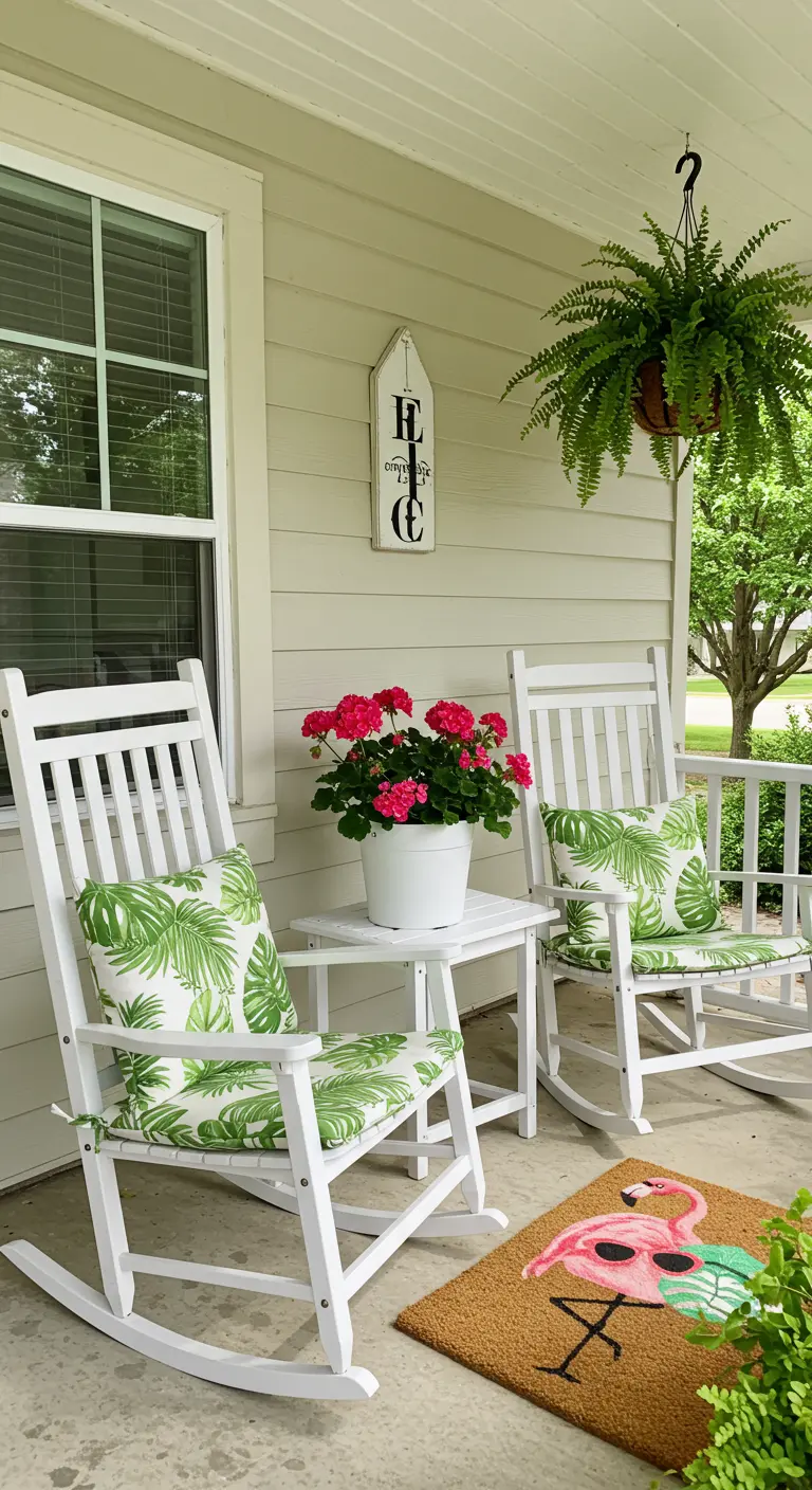 Witte schommelstoelen op een veranda met palmbladkussens en een flamingodeurmat.