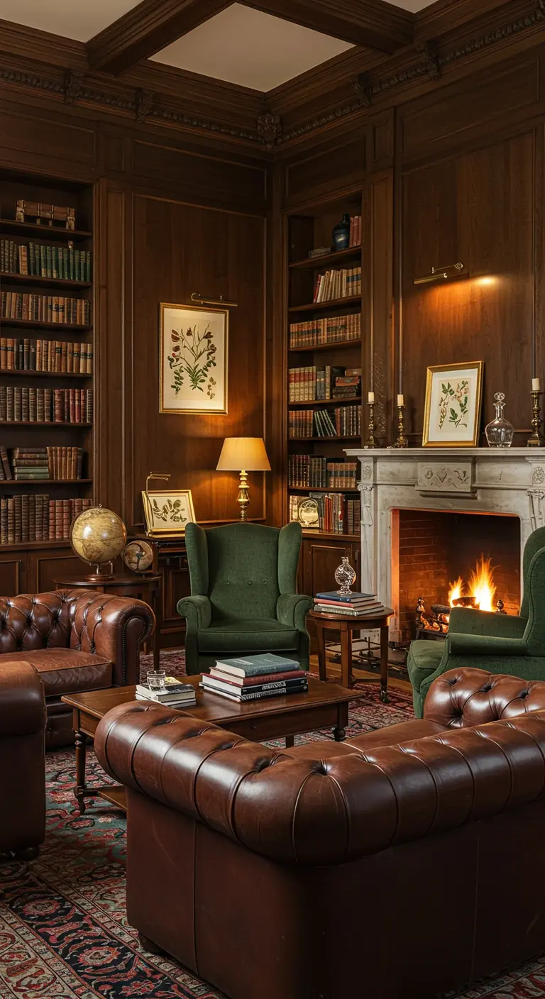Klassieke bibliotheek met leren banken, open haard en volgepakte boekenkasten.