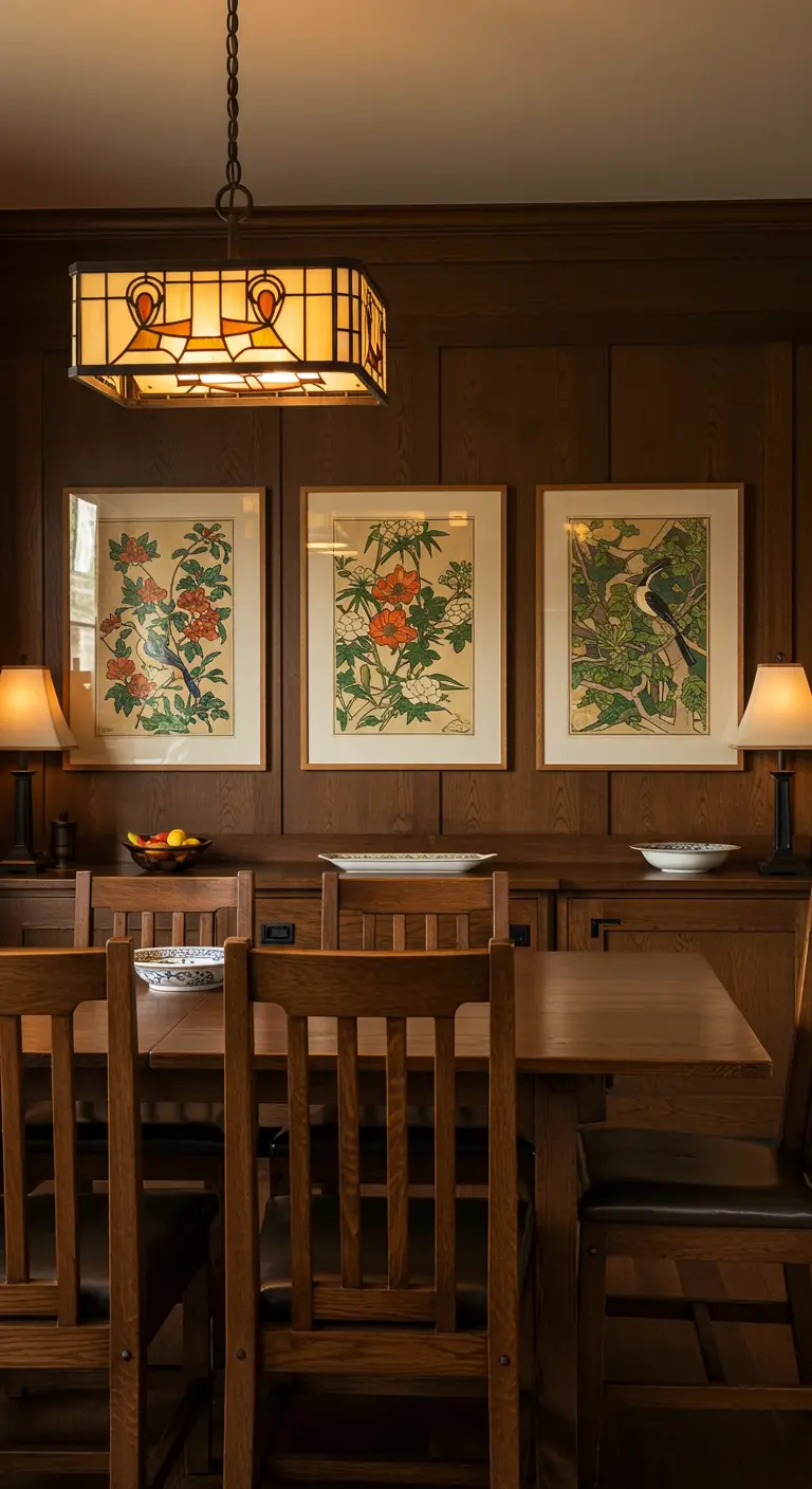 Traditionele eetkamer met donker hout en een drieluik van botanische prenten.