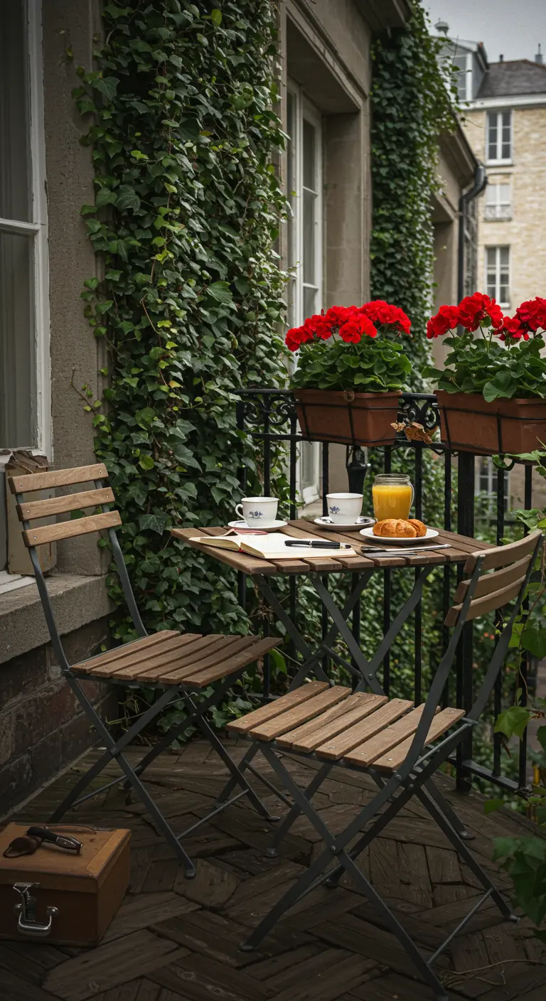 Houten bistroset tegen een muur begroeid met klimop en bloembakken met rode geraniums.