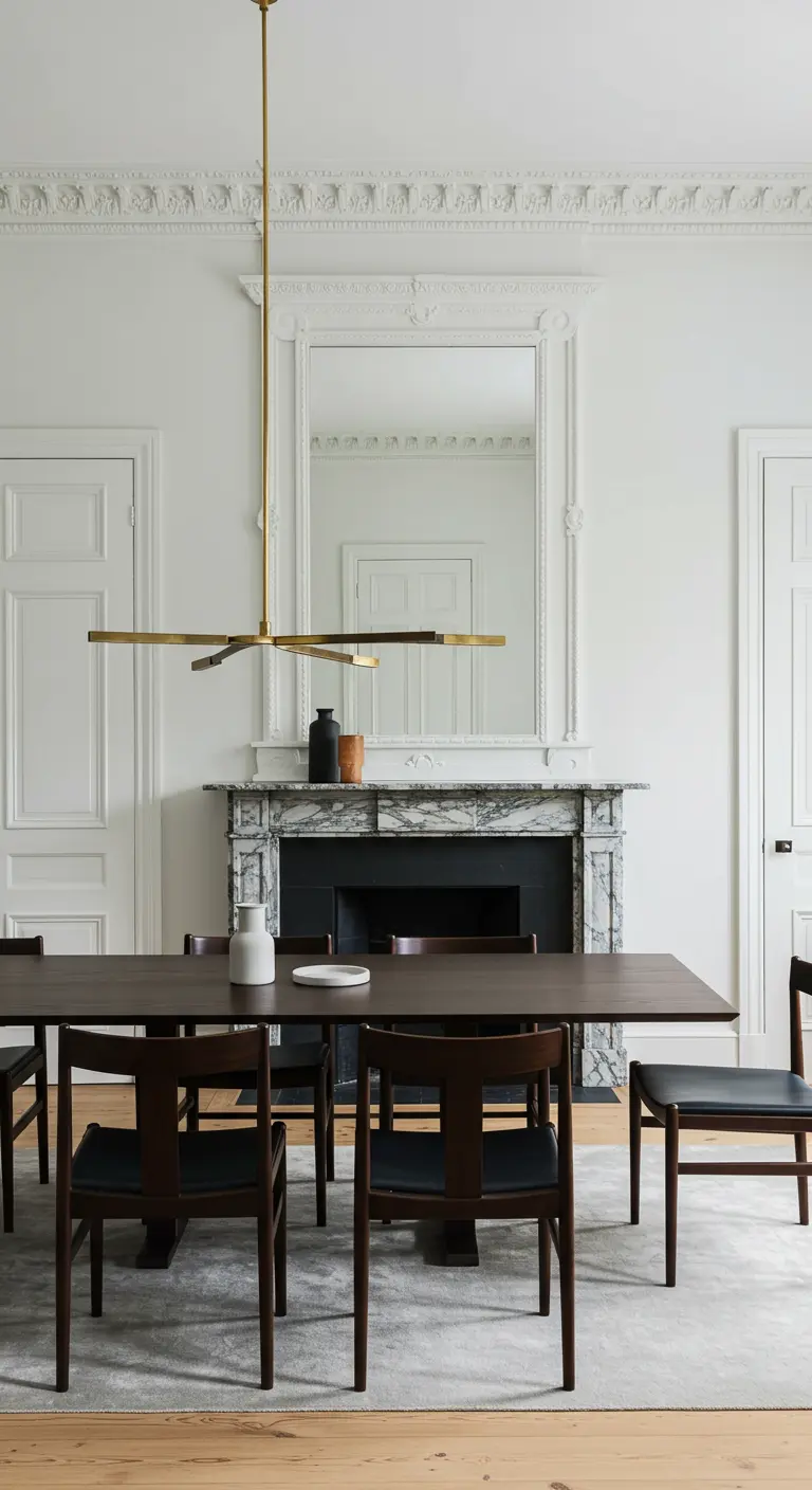 Klassieke kamer met ornamenten en marmeren schouw, ingericht met minimalistische meubels.