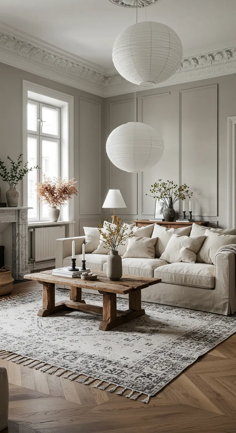 Elegante woonkamer met grijsgroene muren, grote papieren lampen en een antieke houten salontafel.