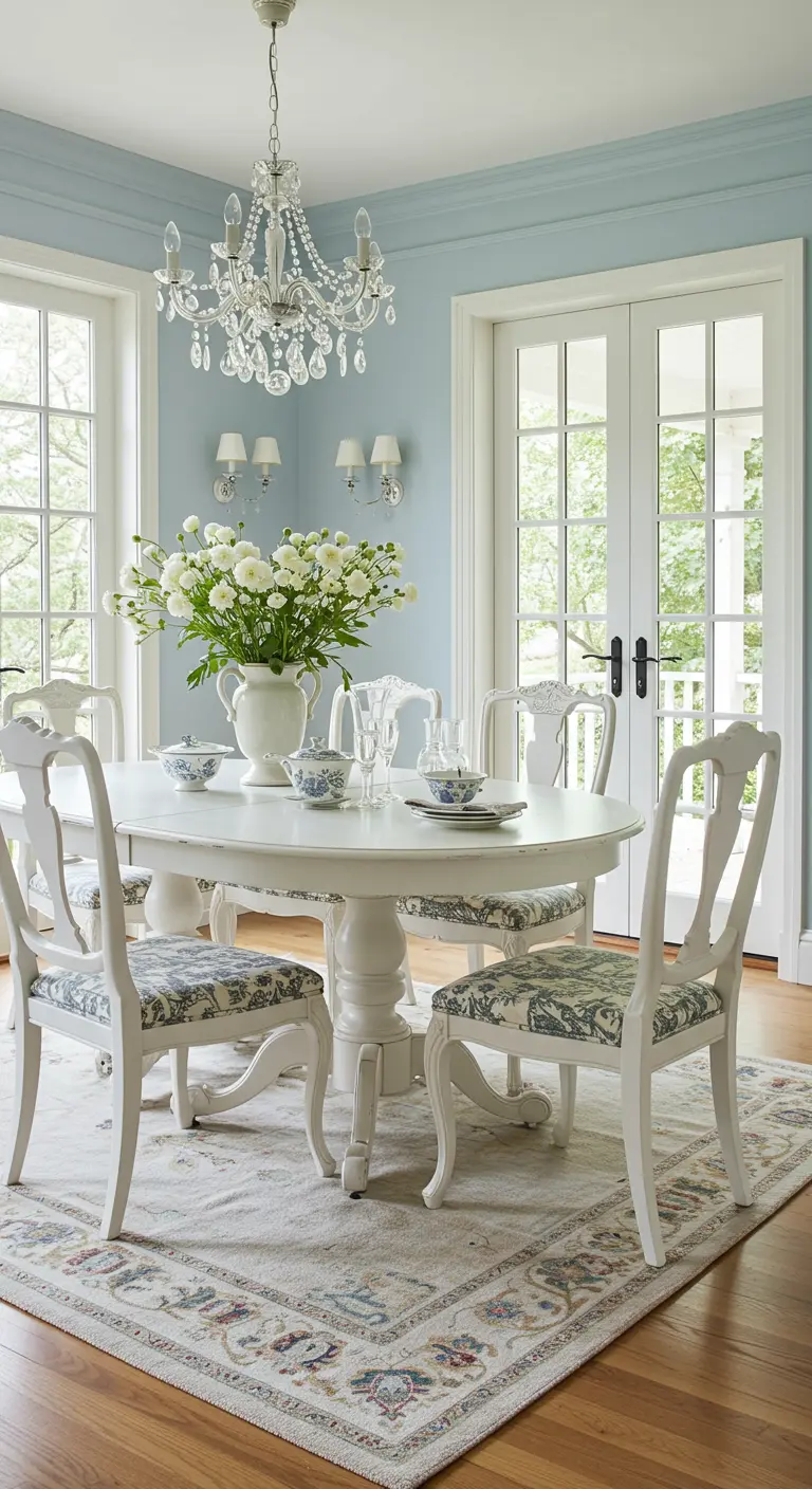 Elegante eethoek met lichtblauwe muren, ronde witte tafel, bloemstoelen en kristallen kroonluchter.