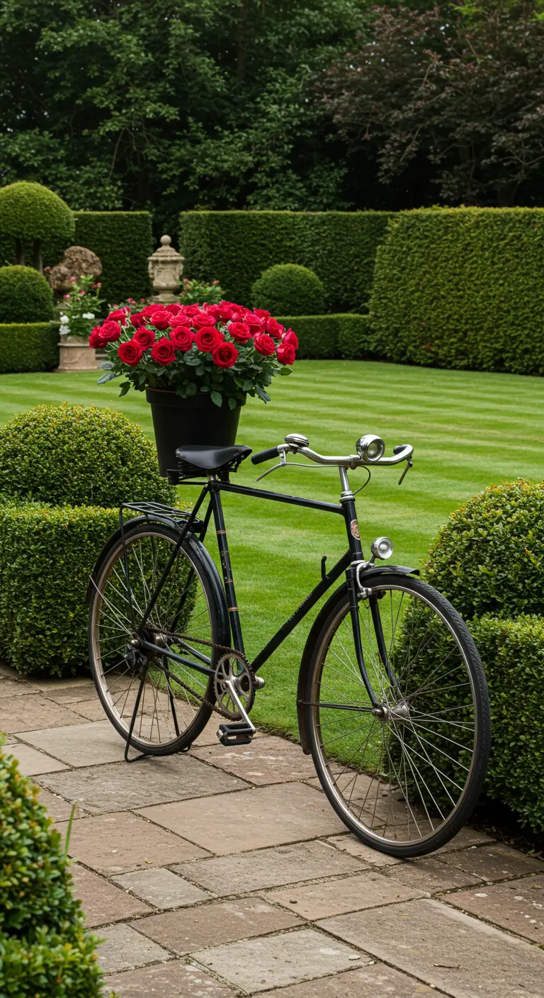 Zwarte klassieke fiets met een grote pot rode rozen op de bagagedrager, in een formele tuin.