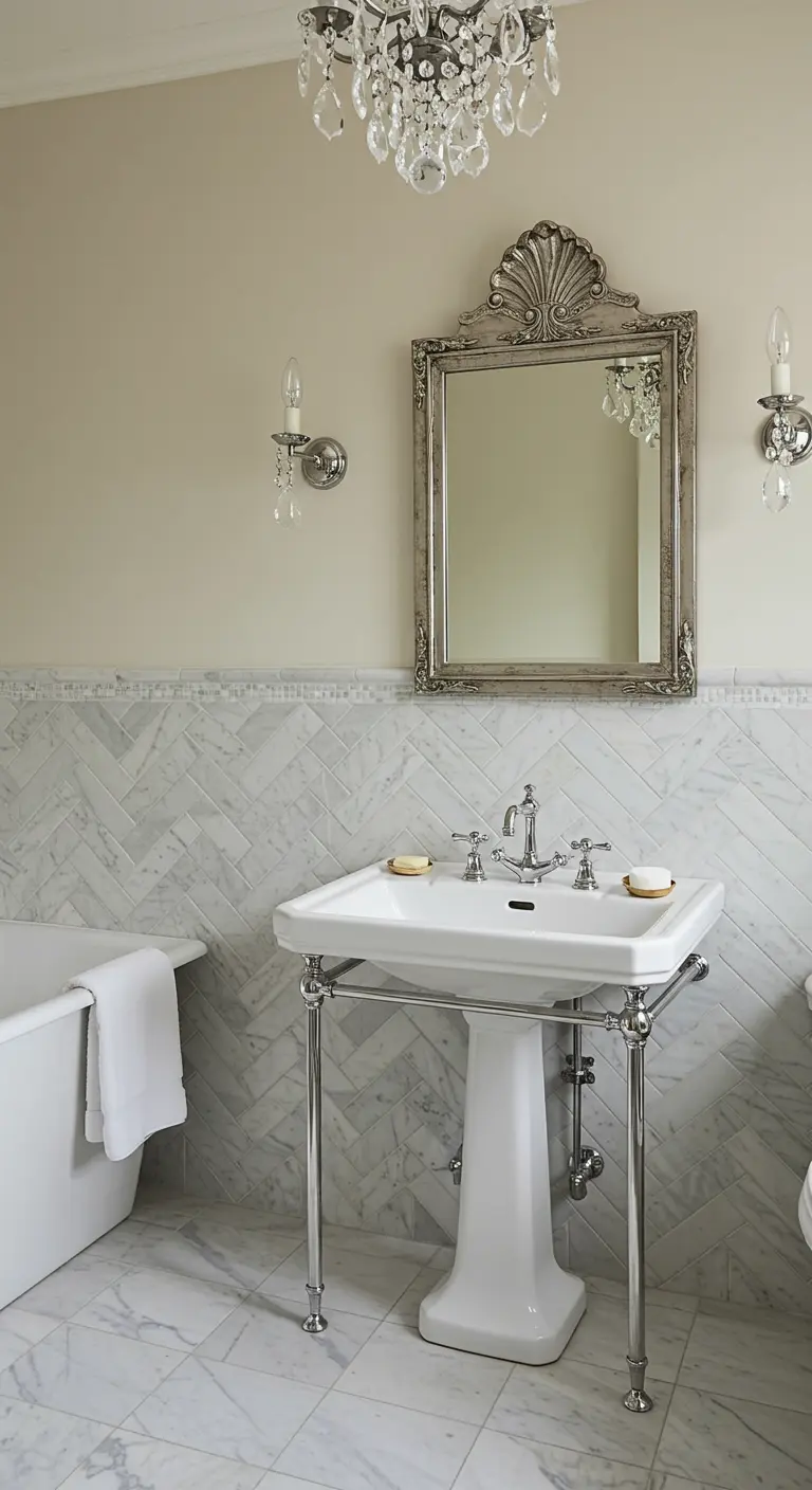 Klassieke badkamer met marmeren visgraattegels en een sierlijke spiegel.