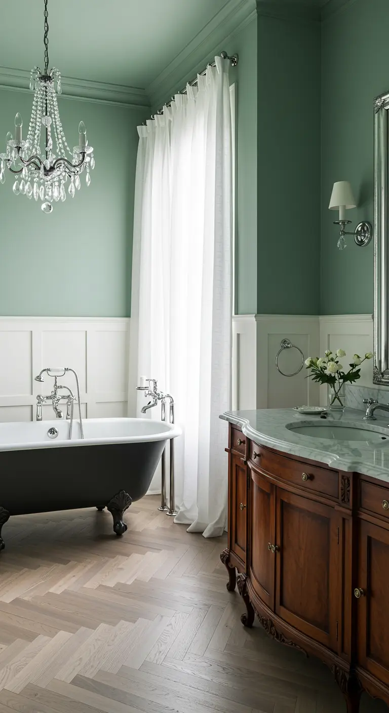 Saliegroene klassieke badkamer met vrijstaand bad, kroonluchter en lambrisering.