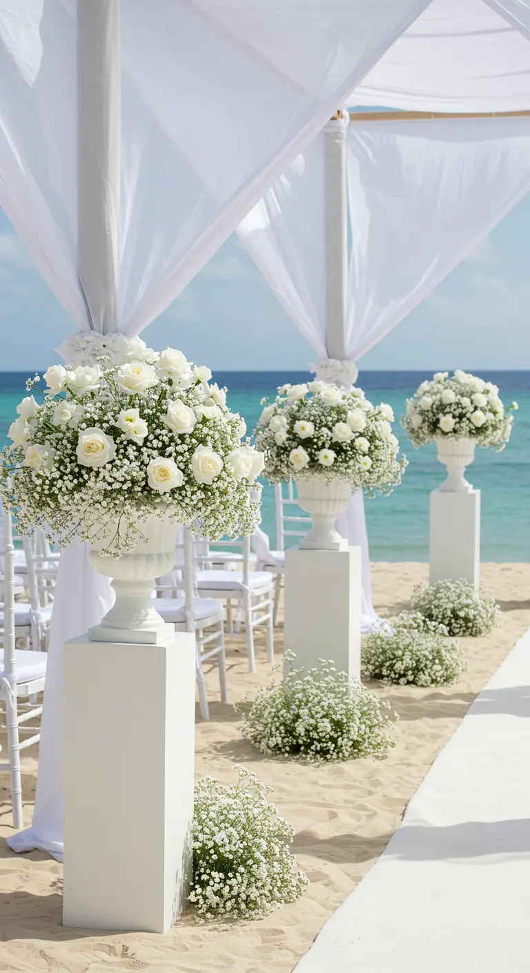 Elegante, volledig witte ceremonie-opstelling met grote bloemstukken op zuilen.