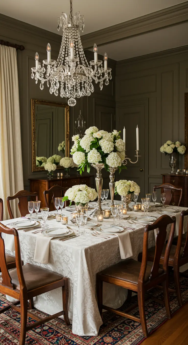 Elegante dinertafel met witte hortensia's en een kristallen kroonluchter.