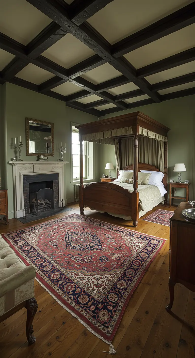 Klassieke slaapkamer met donker cassettenplafond, hemelbed, schouw en een groot Perzisch tapijt.