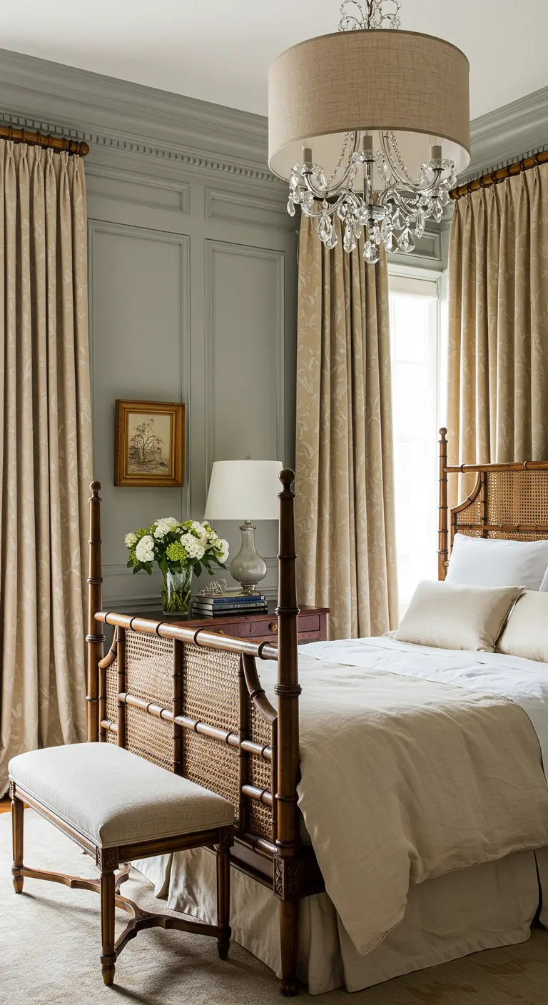 Elegante slaapkamer met grijsgroene wandpanelen, een bamboe bed en een kristallen kroonluchter.