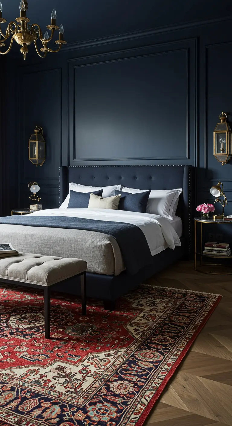 Elegante donkerblauwe slaapkamer met wandpanelen, een Perzisch tapijt en messing lampen.